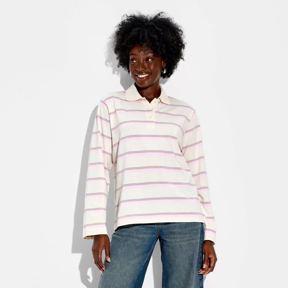 Women's Oversized Long Sleeve Polo Shirt - Wild Fable Off-White Rugby Striped S